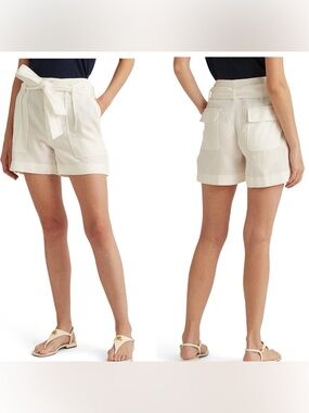 Lauren Ralph Lauren Linen White High-Waist Paperbag Shorts with Self-Tie